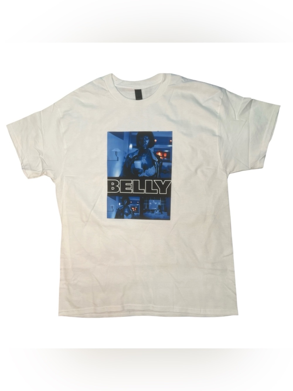 Sz Large White Graphic Tee with 'BELLY' Blue movie Photo Print